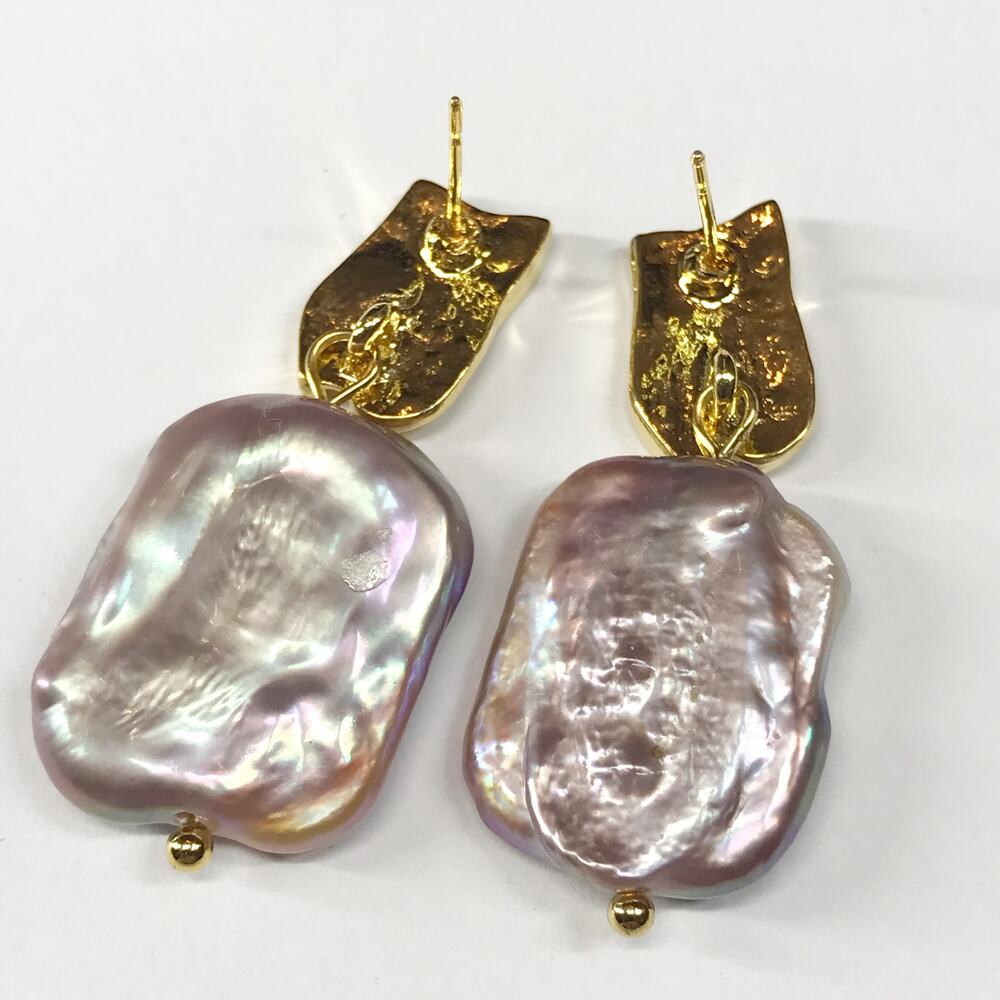 Gold Plated 925 Sterling Silver Lavender Square Coin Baroque Pearl Drop Earrings - Picture 10 of 11